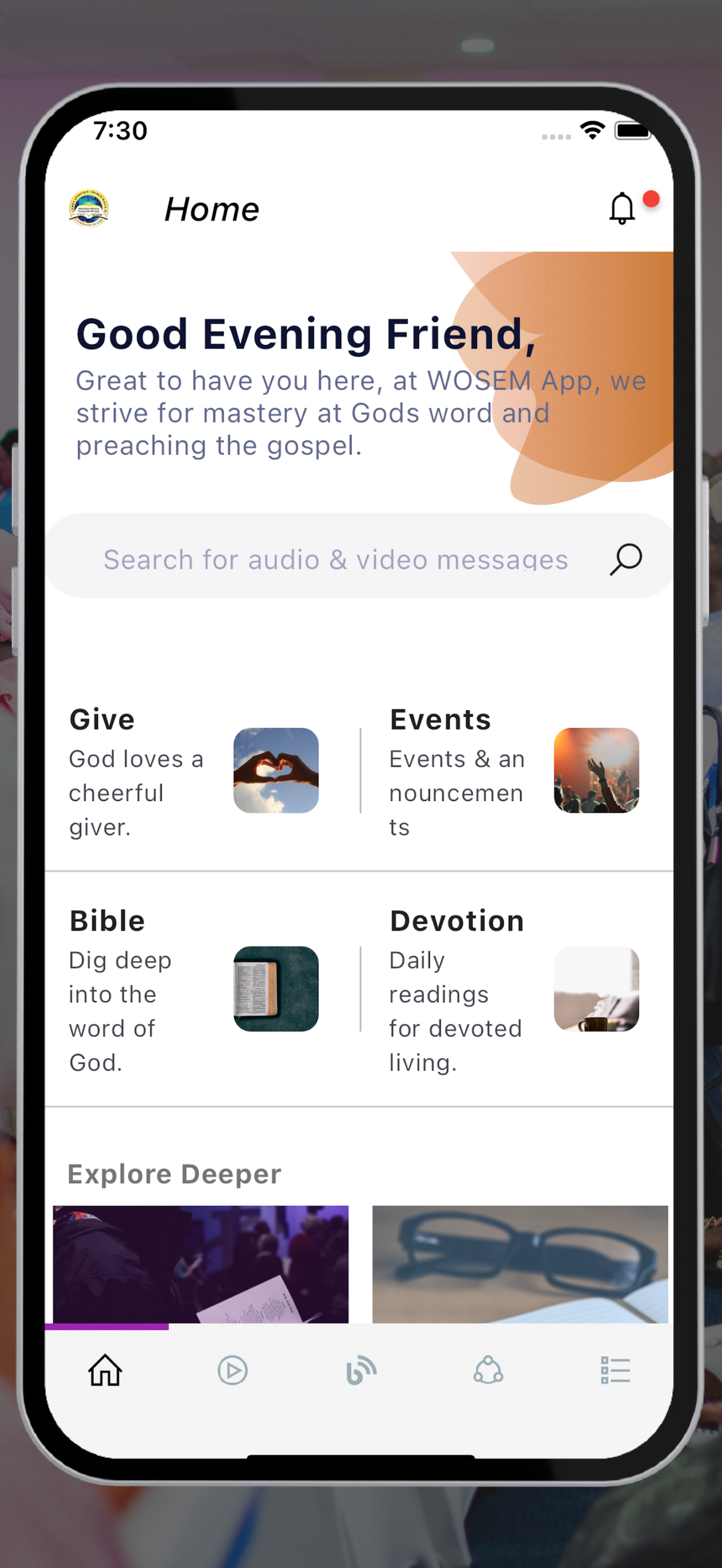 App Screenshot - Dashboard with personalized greeting and quick access